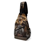 FHPCE Sling Rucksack für Damen und Herren, Ledertextur, verstellbare Brusttasche, Grün, Bulldogge auf dem Boden, 38x20cm