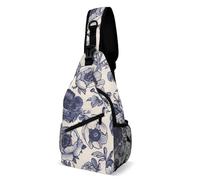 FHPCE Sling Rucksack für Damen und Herren, Ledertextur, verstellbare Brusttasche, Grün, Mit blauen Blumen, 38x20cm