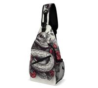 FHPCE Sling Rucksack für Mann und Frau, geometrische Muster, Crossbody, verstellbare Brusttasche, Rote Rose auf Schlange, 38x20cm