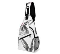 FHPCE Sling Rucksack für Mann und Frau, handgezeichnetes Diagramm, Umhängetasche, verstellbare Brusttasche, Hase mit pfirsichfarbener Schleife, 38x20cm