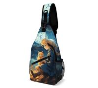 FHPCE Sling Rucksack für Mann und Frau, handgezeichnetes Diagramm, Umhängetasche, verstellbare Brusttasche, Damen und Katze, 38x20cm