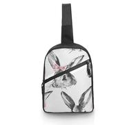 FHPCE Sling Rucksack für Mann und Frau, handgezeichnetes Diagramm, Umhängetasche, verstellbare Brusttasche, Hase mit pfirsichfarbener Schleife, Einheitsgröße