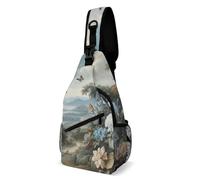 FHPCE Sling Rucksack für Mann und Frau, schwarze Büffelhörner, Crossbody, verstellbare Brusttasche, Blumen und Schmetterlinge, 38x20cm