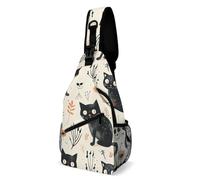 FHPCE Sling Rucksack, Umhängetasche für Mann und Frau, geometrische Formen, Crossbody, verstellbare Brusttasche, Schwarze Katze und Totenkopf, 38x20cm