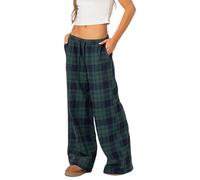 Fiacafyo Damen-Casual-Plaid-Baggy-Lounge-Hose, hohe Taille, Pyjamahose mit Taschen, Goth-Grunge, weitbeinige Hose, Streetwear, A-Blau, 36