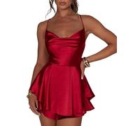 Fiacafyo Damen-Jumpsuit aus Satin, rückenfrei, kurz, Wasserfallausschnitt, Bandage, Spaghettiträger, Rüschen, ärmellos, mehrlagiges Minikleid, rot (a), S