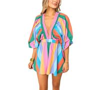 Fiacafyo Damen-Jumpsuit, kariert, lange Puffärmel, lässig, tiefer V-Ausschnitt, lockerer Playsuit, Sommer, Boho, Oversize-Overall, A-grün, L