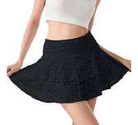 Fiacafyo Fairy Mesh Floral Lace Skirts for Women Sexy Low Rise Pleated Ruffle Underskirt Flowy Layered Half Slip Mini Skirt, K-schwarz, L