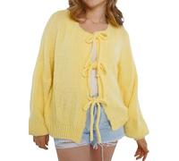 Fiacafyo Y2K Strick-Cardigan für Damen, übergroße Fliege vorne, einfarbig, lange Ärmel, lockere Strickwaren, Tops, Streetwear, B-gelb, M