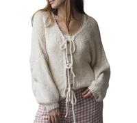 Fiacafyo Y2K Strick-Cardigan für Damen, übergroße Fliege vorne, einfarbig, lange Ärmel, lockere Strickwaren, Tops, Streetwear, C-weiß, L