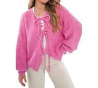 Fiacafyo Y2K Strick-Cardigan für Damen, übergroße Fliege vorne, einfarbig, lange Ärmel, lockere Strickwaren, Tops, Streetwear, B-Rose Red, S