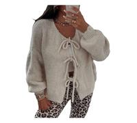 Fiacafyo Y2K Strick-Cardigan für Damen, übergroße Fliege vorne, einfarbig, lange Ärmel, lockere Strickwaren, Tops, Streetwear, D-beige, S