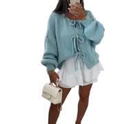 Fiacafyo Y2K Strick-Cardigan für Damen, übergroße Fliege vorne, einfarbig, lange Ärmel, lockere Strickwaren, Tops, Streetwear, A-Blau, M