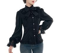 Fiamll Damen Gothic Viktorianische Bluse Renaissance Shirt Tops Satin Button Up Kostüm Puffärmel Schwarze Bluse 3XL