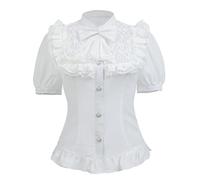Fiamll Damen Viktorianisch Bluse Vintage Schleifenhemd Stehkragen mit Rüschen Kurzarm Mittelalter Bluse Weiße XL
