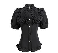 Fiamll Damen Viktorianisch Bluse Vintage Schleifenhemd Stehkragen mit Rüschen Kurzarm Mittelalter Bluse Schwarz 3XL