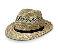 fiebig Bogart Strohhut für Damen & Herren | Sonnenhut aus 100% Stroh mit veganem Leder-Hutband | Natur Fedorahut in vielen Größen (59-L)