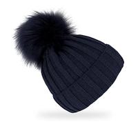fiebig Strickmütze mit Kunstfell Bommel | Mütze aus Wolle mit Fleece-Futter | Beanie Made in Europe (Marineblau)