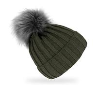 fiebig Strickmütze mit Kunstfell Bommel | Mütze aus Wolle mit Fleece-Futter | Beanie Made in Europe (Olivgrün)