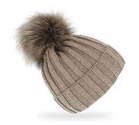 fiebig Strickmütze mit Kunstfell Bommel | Mütze aus Wolle mit Fleece-Futter | Beanie Made in Europe (Taupe)
