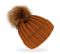 fiebig Strickmütze mit Kunstfell Bommel | Mütze aus Wolle mit Fleece-Futter | Beanie Made in Europe (Zimt)