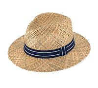 fiebig Strohhut Traveller mit farbigem Ripsband | Sonnenhut für Herren & Damen aus 100% Stroh | Made in Italy | Sommerhut in vielen Größen | Farbe Natur (57-M, Blau)