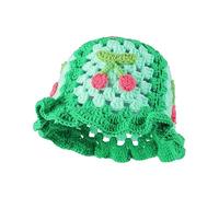 Fiewmay Häkelhut für Damen, handgefertigt, Blumenmuster, tragbar, gestrickt, elastisch, niedlich, Strandhut für Urlaub, Reisen, Kirschgrün, Einheitsgröße