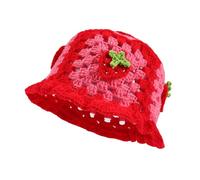 Fiewmay Häkelhut für Damen, handgefertigt, Blumenmuster, tragbar, gestrickt, elastisch, niedlicher Strandhut für Urlaub, Reisen, Rot - Strawberry Red, Einheitsgröße