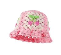 Fiewmay Häkelhut für Damen, handgefertigt, Blumenmuster, tragbar, gestrickt, elastisch, niedlicher Strandhut für Urlaub, Reisen, Rosa (Cherry Pink), Einheitsgröße