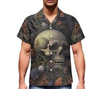 fifbird Herren Gothic Schädel Floral Printed Kurzarm Casual Button-Down Strand Hawaii-Hemden Größe L, Totenkopf Floral, 58