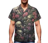 fifbird Herren Gothic Schädel Floral Printed Kurzarm Casual Button-Down Strand Hawaii-Hemden Größe L
