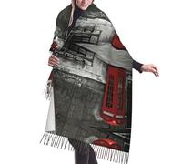 fifbird Schal mit Fransen für Damen, warmer großer Winterschal, großer langer Schal, modischer Kaschmir-Schal, Blaugrün und Orange, Britische Telefonzelle, One size