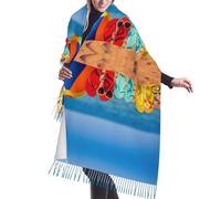 fifbird Schal mit Fransen für Damen, warmer großer Winterschal, großer langer Schal, modischer Kaschmir-Schal, Blaugrün und Orange, Zehentrenner auf Sand, One size