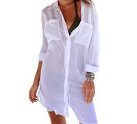 Figarge Strandkleid Damen Bikini Cover Up Sommer Pareos Sommerkleid Damen Strand Vertuschen Shirt Button-Down Strandponcho Longbluse (DE/NL/SE/PL, Alphanumerisch, L, Regular, Regular, Weiß)