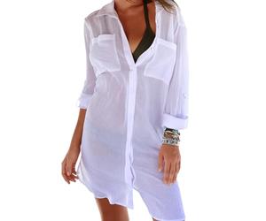 Figarge Strandkleid Damen Bikini Cover Up Sommer Pareos Sommerkleid Damen Strand Vertuschen Shirt Button-Down Strandponcho Longbluse (DE/NL/SE/PL, Alphanumerisch, L, Regular, Regular, Weiß)