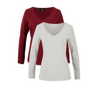 Langarmshirt BONPRIX "Figurbetontes Langarmshirt (2er Pack)", Damen, Gr. 40/42 (M), rot (rubinrot, hellgrau meliert), Web, Obermaterial: 95% Baumwolle, 5% Elasthan, meliert, slim fit normal, V-Ausschn