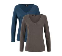 Langarmshirt BONPRIX "Figurbetontes Langarmshirt (2er Pack)", Damen, Gr. 48/50 (XL), blau (dunkelblau, anthrazit meliert), Web, Obermaterial: 95% Baumwolle, 5% Elasthan, meliert, slim fit normal, V-Au