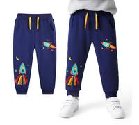 FILOWA Jungen Jogginghose Baumwolle Sporthose Kinder Sweathose mit Gummizug Tunnelzug Lange Hosen Rakete Muster Trainingshose Marineblau Freizeithose Lässig Park Schule Jogger Bottom, Gr.98-104