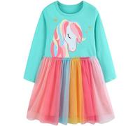 FILOWA Kleider Mädchen Kinder Langarm Einhorn Muster Tüllkleid Mintgrün Regenbogen Tüllrock Baumwolle Glitzer Kinderkleider Frühling Herbst Party Geburtstag Mädchenkleid Gr.116-122, 6-7 Jahre
