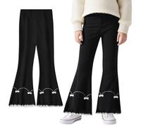 FILOWA Leggings Schlaghose für Mädchen Stretch Bootcut Hosen Baumwolle Flared Legging Kinder Schlag Hose Ausgestellte Yogahosen für Freizeit Frühling Herbst Outfit Strickhose für 6-7 Jahre, Schwarz