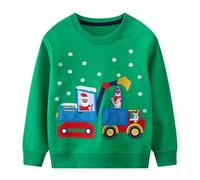 FILOWA Sweatshirt für Kinder Baumwoll Langarm Pullover Weihnachtsmann Elch Drucken Jumper Bagger Traktor Muster Sweater Grün Outdoor Warmes Langarmshirt Herbst Winter Top 6-7 Jahre, Gr.116-122