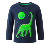 FILOWA T-Shirt Jungen Kinder Lange Ärmel Baumwolle Tee mit Rundhalsausschnitt Leuchtet im Dunkeln Brachiosaurus Drucken Top Marineblau Sport Schule Frühling Herbst Outfit für 4-5 Jahre, Gr.104-110