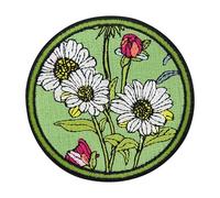 Finally Home Grüne Blumen Patch zum Aufbügeln - Runde Flower Aufnäher | Rundes Motiv Blumen Fans: Gänseblümchen, Retro Rose & Floral. Als Vintage Bügelbild für Beutel & Jeansjacke.