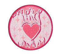 Finally Home Rosa Flammen Herz Patch zum Aufbügeln - Y2K Retro Aufnäher | Kleines Motiv für Mädchen: Cool, Feuer, Girl, Love & Heart. Als Bügelbild für Jeansjacke, Rucksack & Tasche.