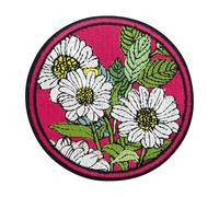 Finally Home Rote Blumen Patch zum Aufbügeln - Runde Flower Aufnäher | Rundes Motiv Blumen Fans: Gänseblümchen, Retro Rose & Floral. Als Vintage Bügelbild für Beutel & Jeansjacke.