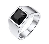 FindChic Edelstahl Herren Ring 8MM Schwarzem Stein Bandring Schwarzer Onyx Biker Ring Achat Pinky Siegelring für Männer Schmuck, Größe 62, Silber