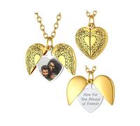 FindChic Medallion zum Öffnen mit Bild Damen Herz Engelsflügel Fotokette Frauen Personalisierte Halskette mit Gravur, Locket Necklace, Gold, 50+5cm