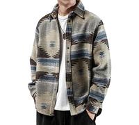 FindThy Herren Hemd aus gebürstetem Flanell, Ethno-Azteken-Druck, Knopfleiste, Tribal-Hemd, Jacke, Shacket, grau, X-Groß