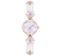 findtime Analoge Damenuhr 3ATM Wasserdicht Armbanduhr Damen Rund Quarzuhr Fraun Elegante Vintage Perlenarmband Exquisite Stylisches Uhr Für Frauen Schmuck Armreif Perlen Und Strass Design Lila