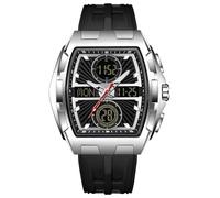 findtime Analoge Digital Herrenuhr Tonneau Militär Sportuhr Tactical 5 ATM Wasserdicht Beleuchtung Chronograph Stoppuhr Alarm Quarz Stilvolles Design Nachtuhr Silikonband Modische Schwarz Silber